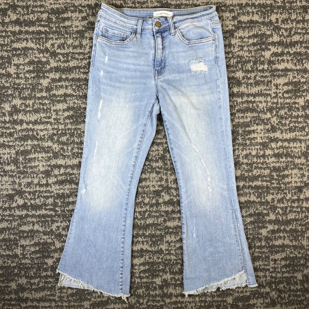 Flying Monkey Flare Jeans Womens 28 Light Wash Distressed Raw Hem Slit Y2268